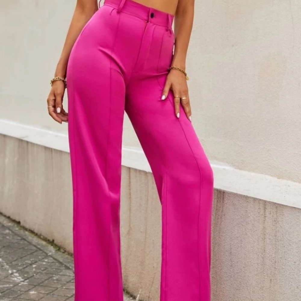 Classic Colorpop High Waist Seam Detailed Pink Straight legged Pants - Picture 4 of 8